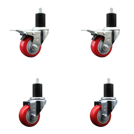 Service Caster 3'' Red Poly Swivel 1-3/4'' Expanding Stem Caster Set 2 Total Lock Brakes, 4PK SCC-EXTTL20S314-PPUB-RED-2-S-2-134